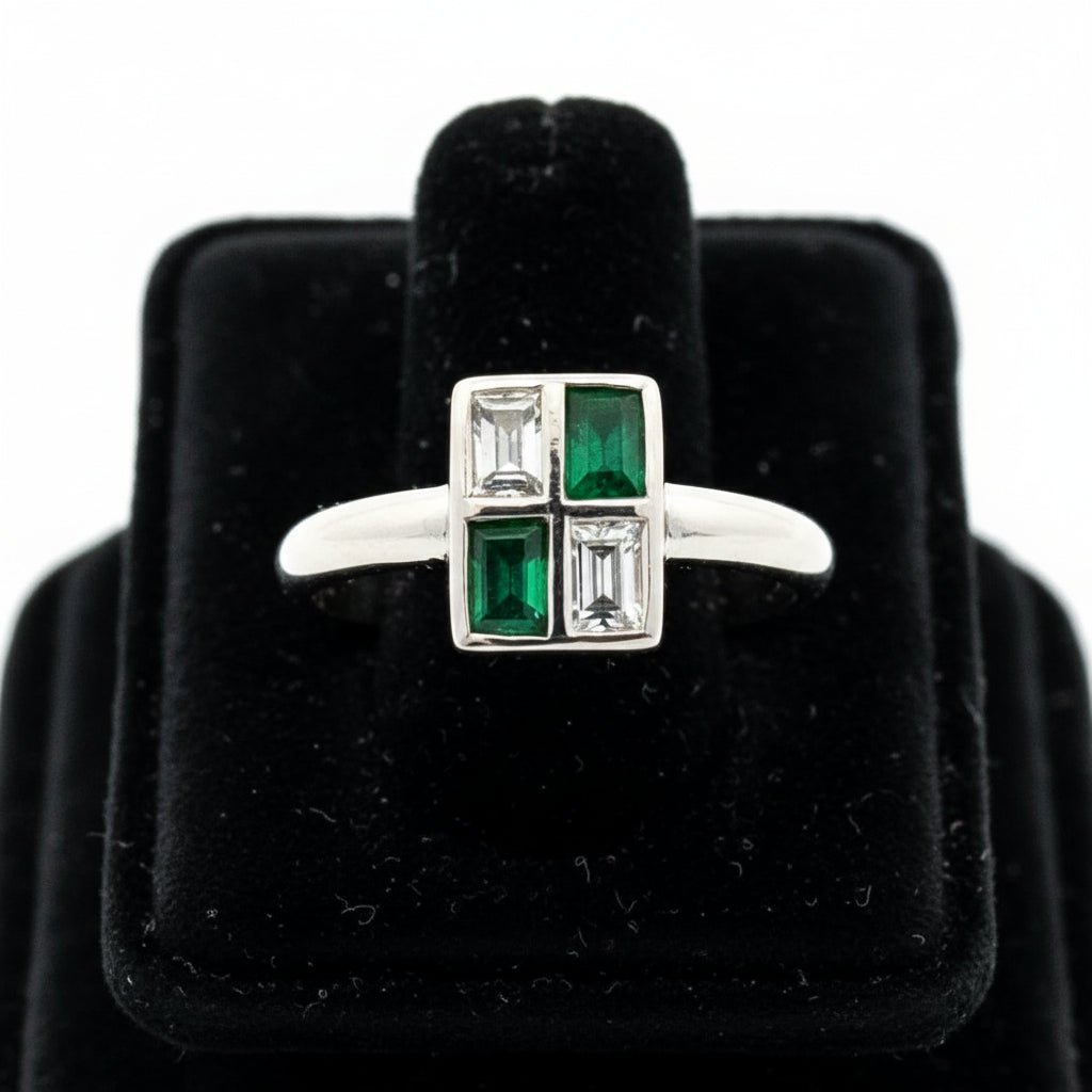 Estate Ring, 2 Baguette Cut Diamond 0.35 cttw  H-I VS2-SI1, 2 Baguette Cut Emerald 0.37 cttw,  Platinum 4.80g