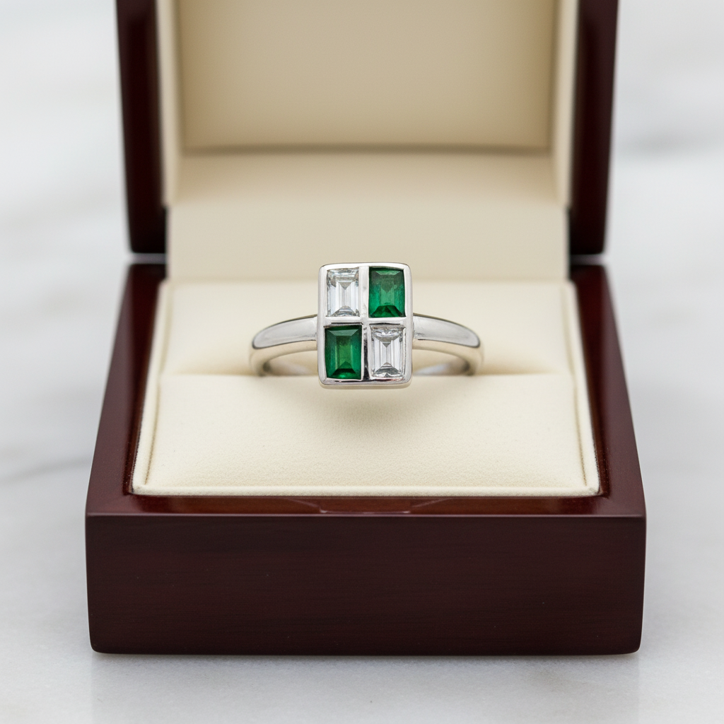 Estate Ring, 2 Baguette Cut Diamond 0.35 cttw  H-I VS2-SI1, 2 Baguette Cut Emerald 0.37 cttw,  Platinum 4.80g