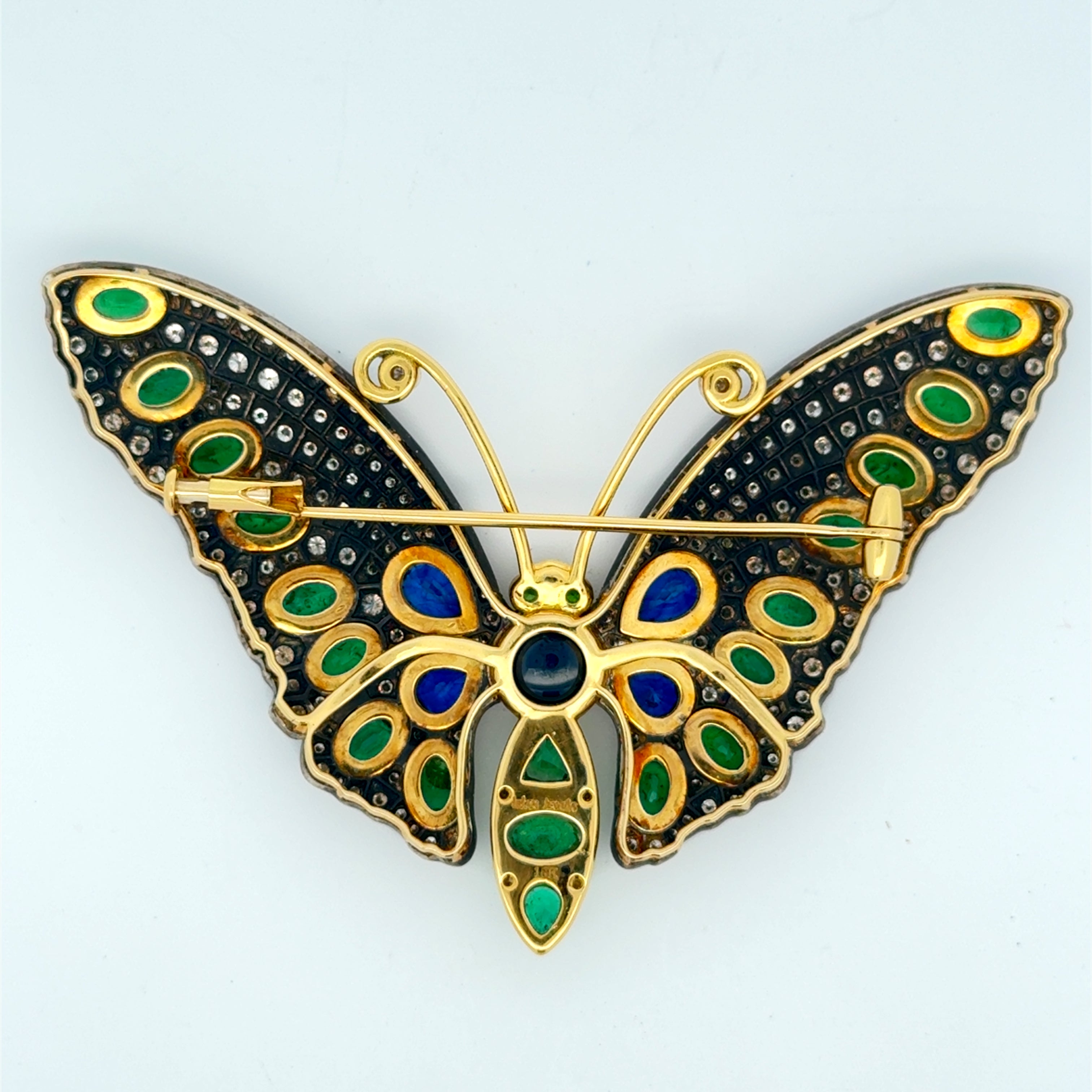 Estate Butterfly Brooch/Pendant, Round Brilliant Cut Diamond 2.95 cttw H-I SI1-SI2, 4 Sapphire Cabochon 4.14 cttw ,19 Emerald Mixed Cut 3.52 cttw  18K/Silver Yellow Gold