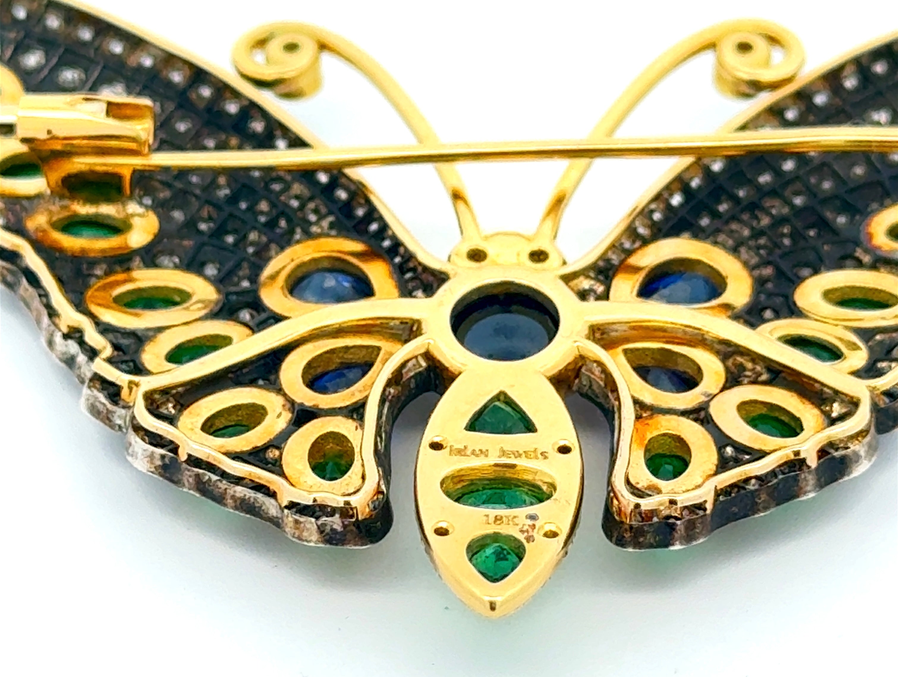 Estate Butterfly Brooch/Pendant, Round Brilliant Cut Diamond 2.95 cttw H-I SI1-SI2, 4 Sapphire Cabochon 4.14 cttw ,19 Emerald Mixed Cut 3.52 cttw  18K/Silver Yellow Gold