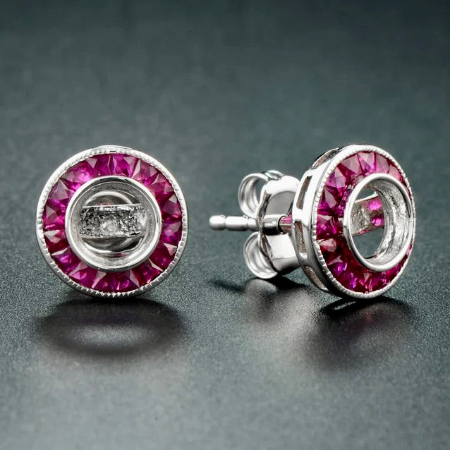 Semi Mount Earrings, 32 Ruby 0.93 cttw, 18K White Gold 2.20g