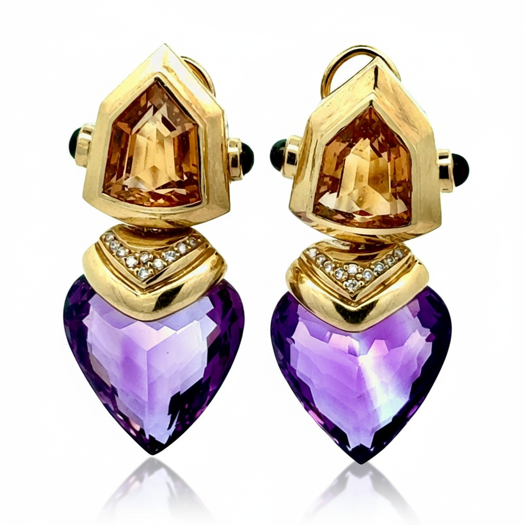 Estate of Diane Ladd Earrings, Round Diamond 0.50cttw  H-I SI1-SI2 #weight estimated,2 Amethyst Heart Shape 40.00cttw  Small Chip VS2-SI1 #weight estimated,2 Citrine Bullet Cut 20.00cttw  Yellow-Gold VS2-VS1 #weight estimated, 4 Garnet Cabochon 1.00cttw
