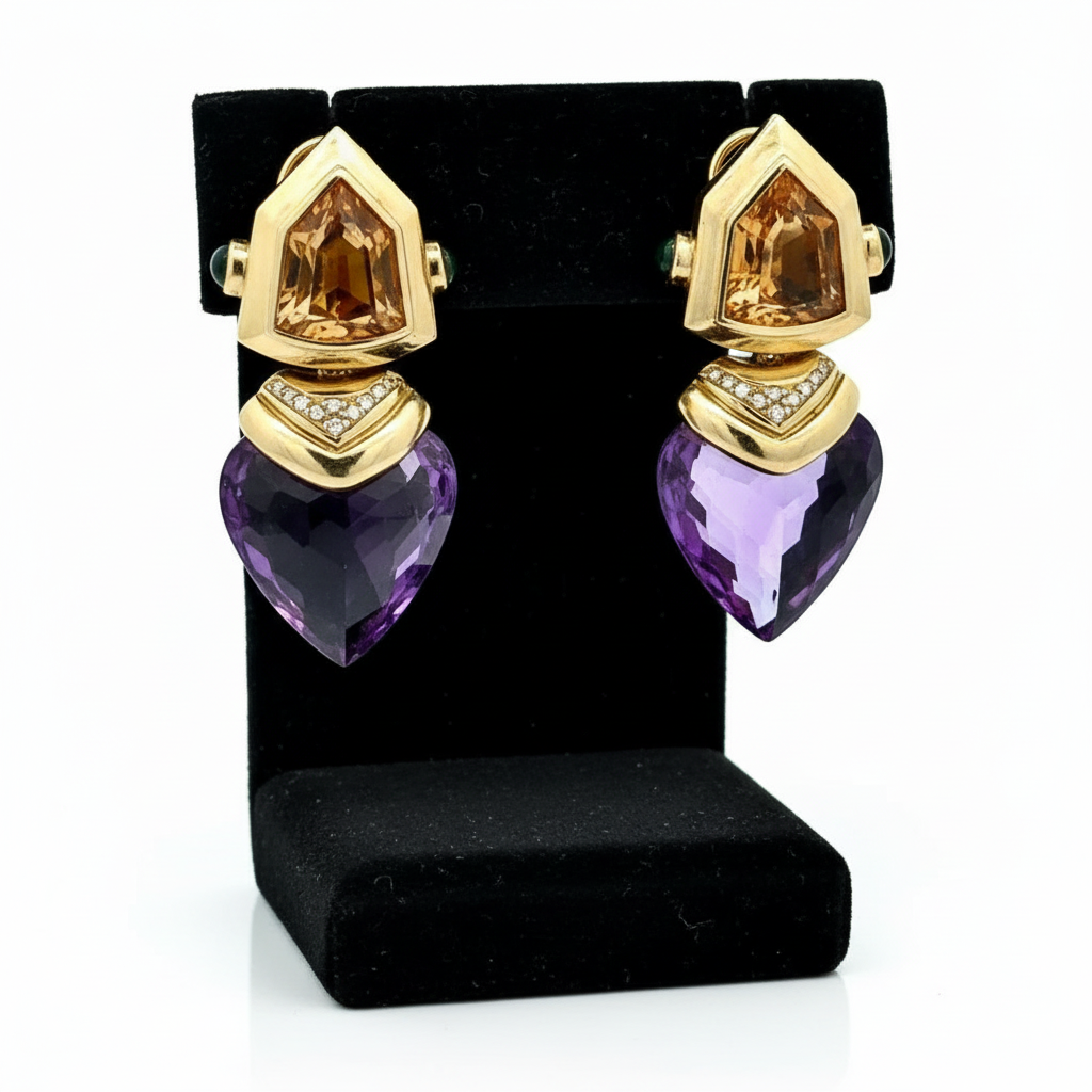 Estate of Diane Ladd Earrings, Round Diamond 0.50cttw  H-I SI1-SI2 #weight estimated,2 Amethyst Heart Shape 40.00cttw  Small Chip VS2-SI1 #weight estimated,2 Citrine Bullet Cut 20.00cttw  Yellow-Gold VS2-VS1 #weight estimated, 4 Garnet Cabochon 1.00cttw