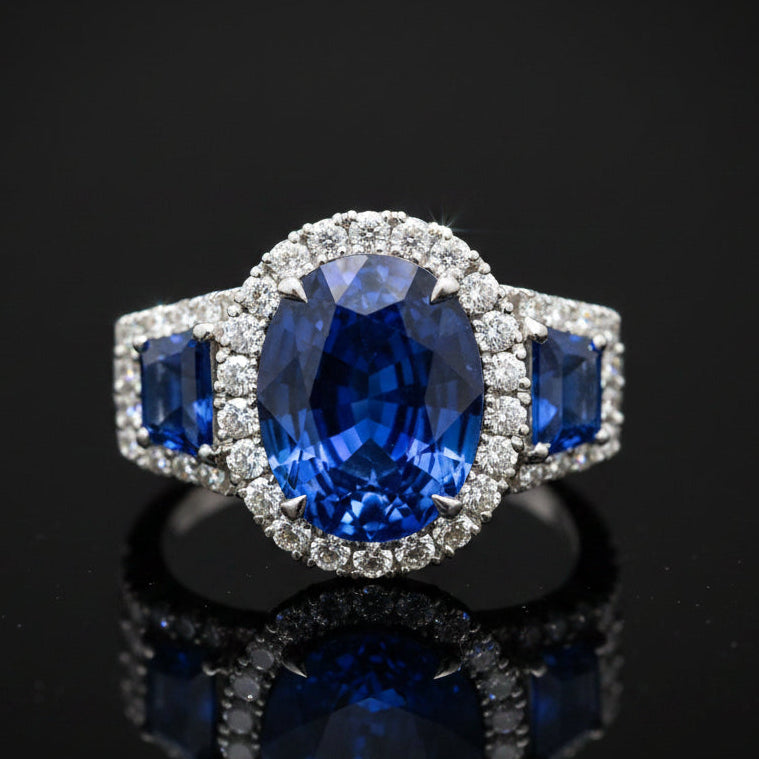 Estate Ring, 42 Round Brilliant Cut Diamond 0.75cttw G-H VS1-SI, 1 Sapphire Oval 6.03ct  GAL #202604712, 2 Sapphire Trapezoid Cut 1.05cttw, Platinum 7.95g. All Weights Estimated.
