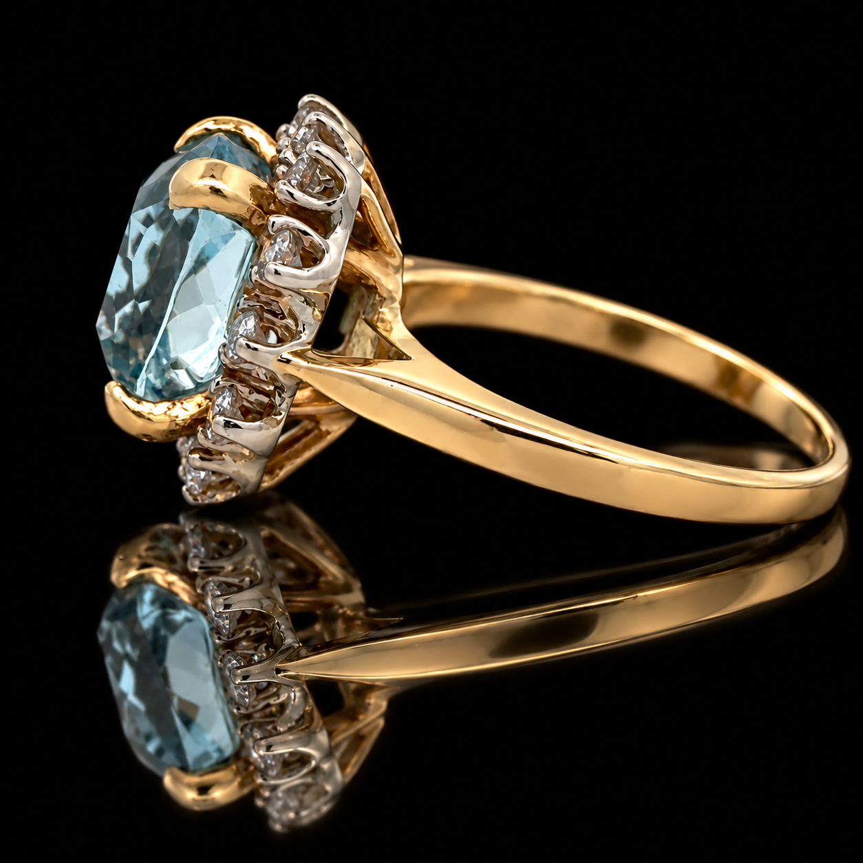 Estate Ring, 12 Round Brilliant Cut Diamond 0.25 cttw  H-I SI1-SI1,1 Aquamarine Cushion Brilliant 4.46 ct  14K White/Yellow Gold 5.82g. All Weights Estimated.
