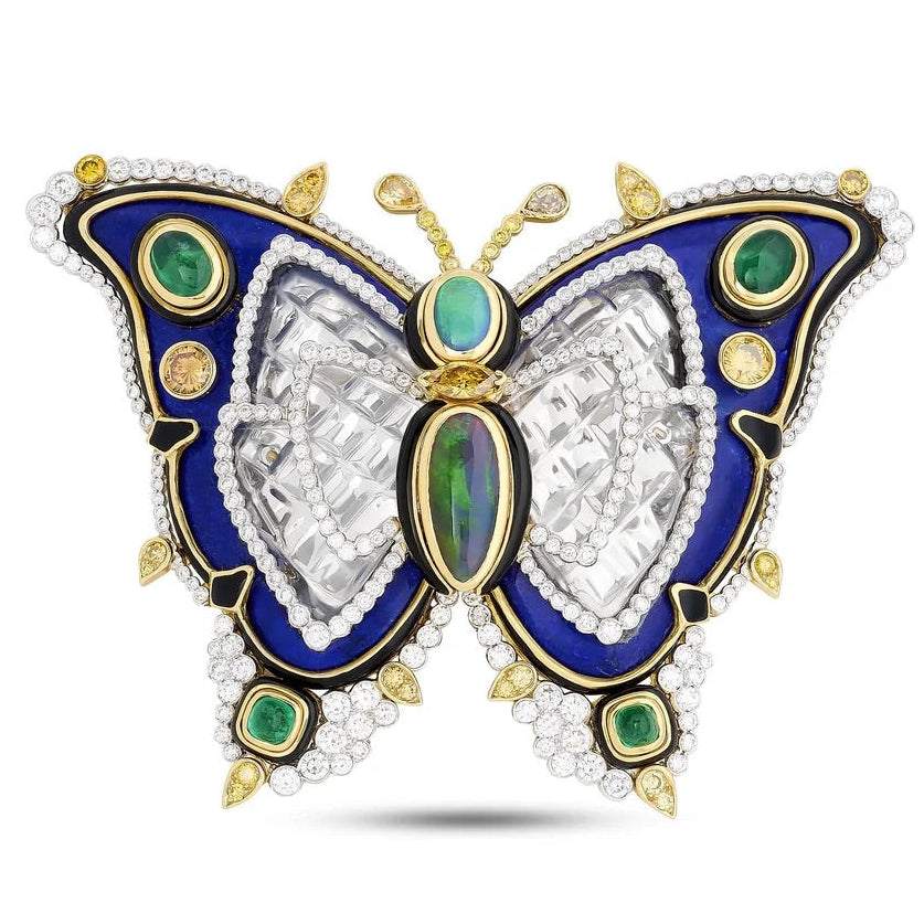 David Webb Brooch/Pendant, 33 Mixed Cut Diamond 3.57 cttw  FY VS1, 270 Round Brilliant Cut Diamond 8.56 cttw  G-H VS1-VS2,4 Emerald Cabochon 5.24 cttw , Carved Rock Crystal, Camed Onyx, Lapis Lazuli 18K/PLAT Yellow Gold 151.72g. All Weights Estimated.