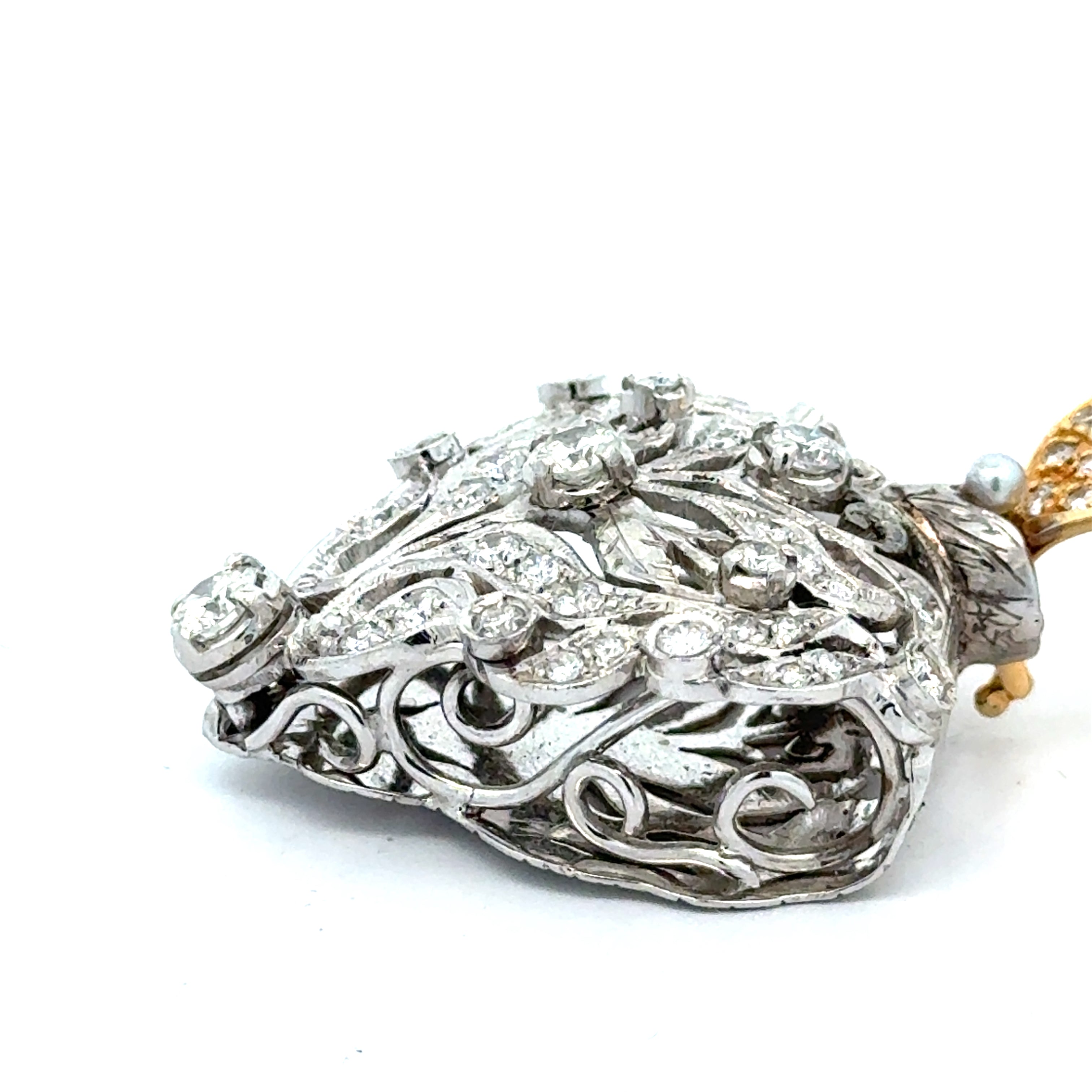 Estate Pendant, Round Brilliant Cut Diamond 3.25 cttw  G-H VVS1-VS1,1 Cultured Pearl White Fine 18K White/Yellow Gold 24.60g. All Weights Estimated.