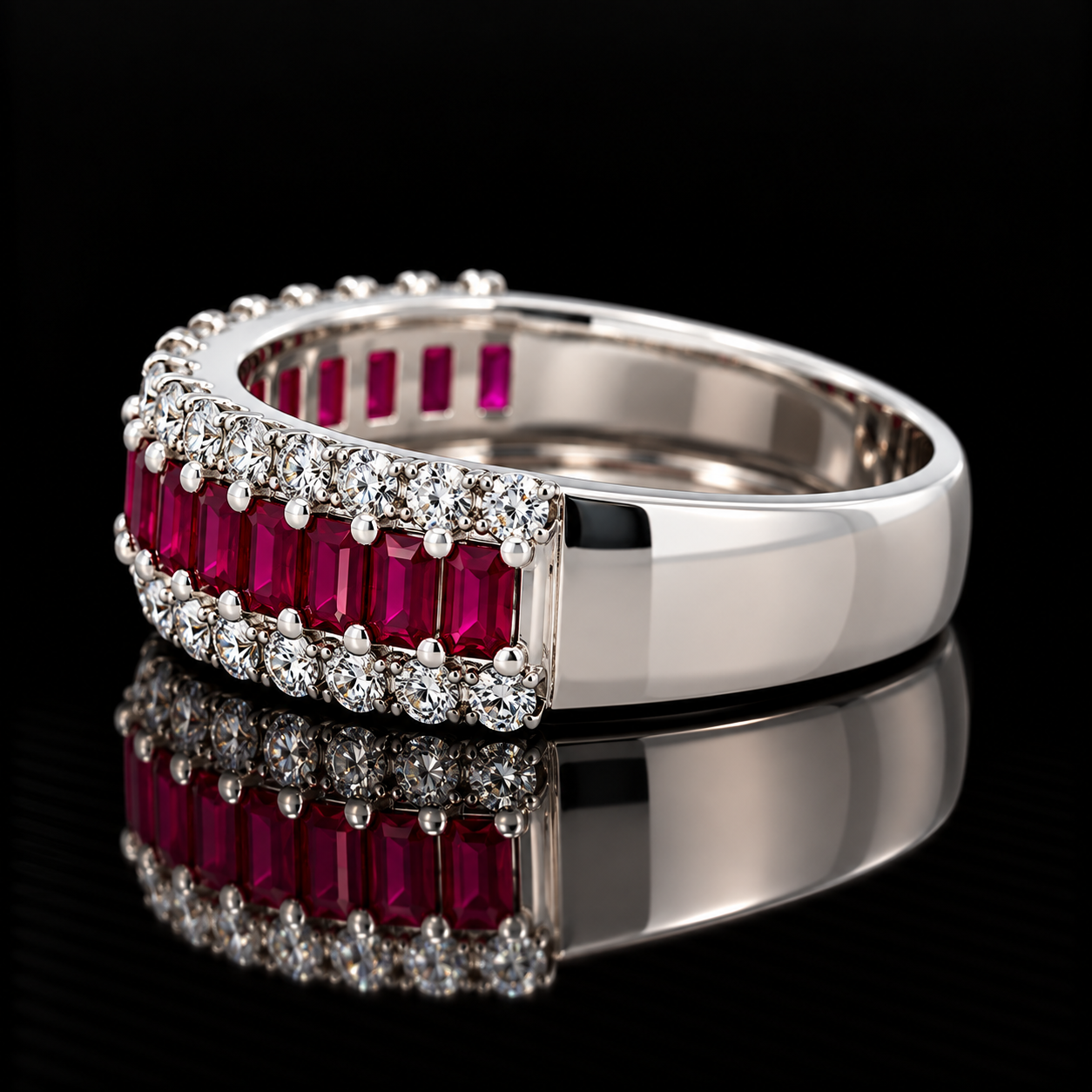 Estate Ring, 34 Round Diamond 0.66 cttw  G-H SI1-SI1, Ruby 1.12 cttw  14K White Gold 5.21g. All Weights Estimated.
