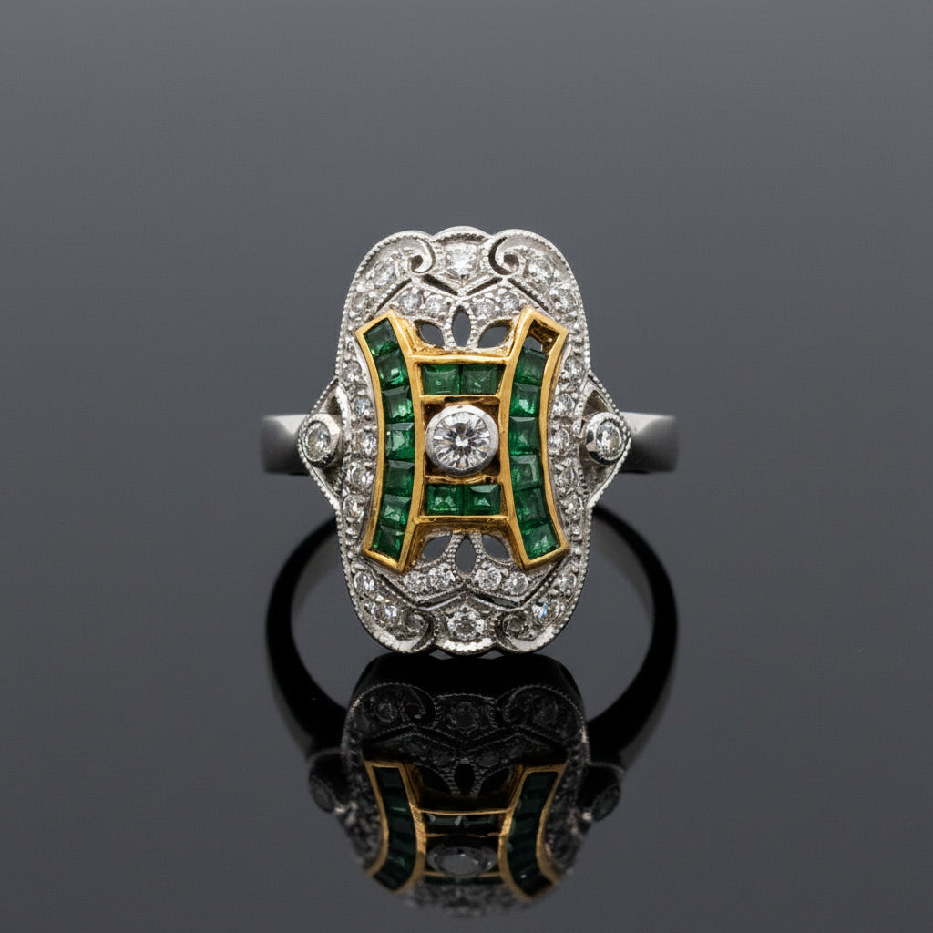 Vintage Ring RBC Diamond 0.50cttw  G/H Emerald  PC 0.40cttw  18KT WG 7.10g ,All Weights Estimated