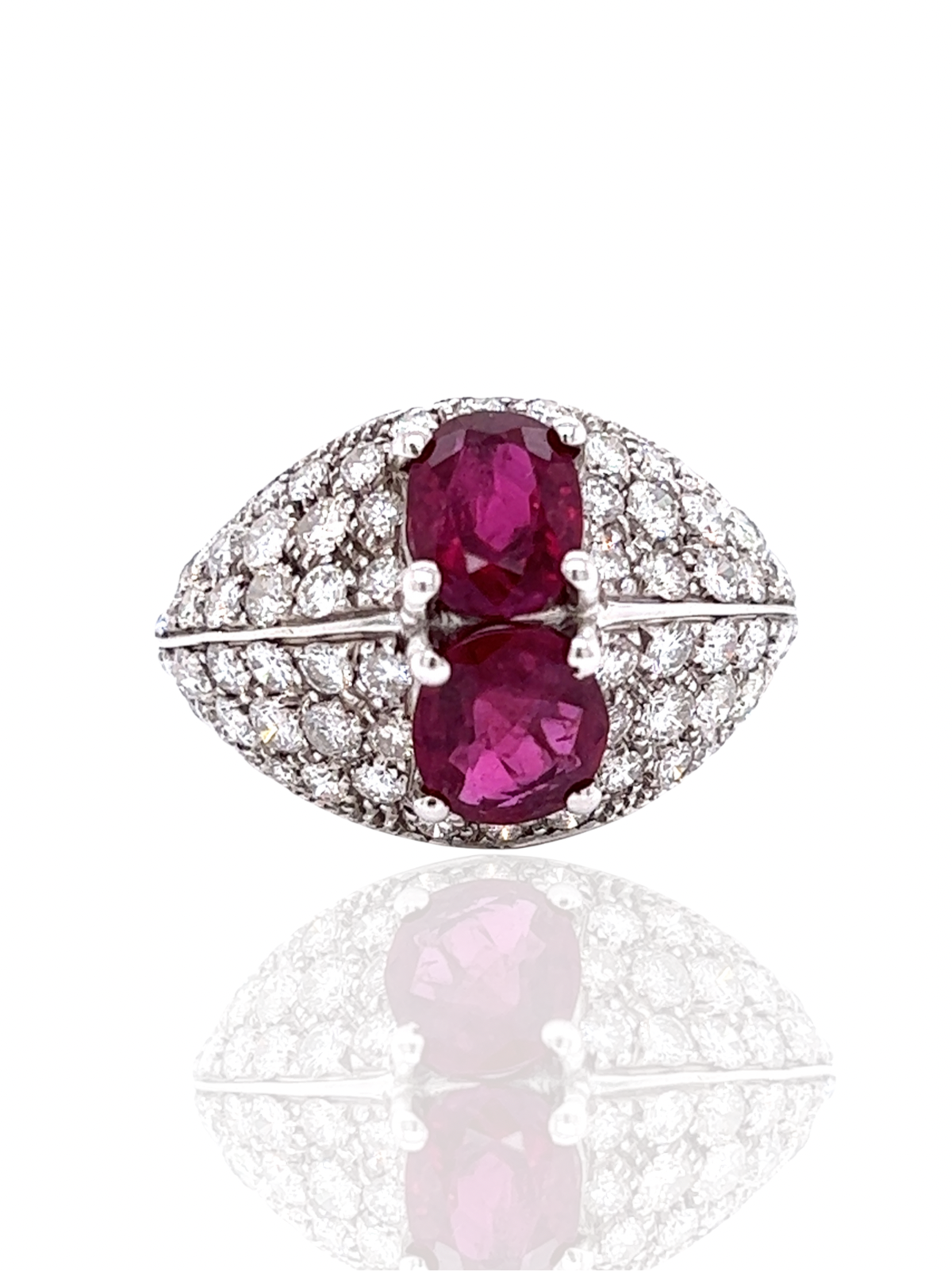 Estate Bold Ring, 2 Oval Ruby 3.00 cttw, Round Diamond 2.26 cttw G-H VS2-SI2, 18K White Gold 6.44g