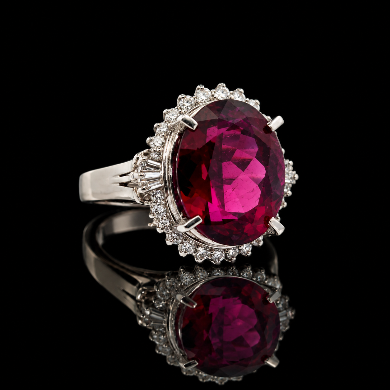 Estate Ring, Round/Baguette Cut Diamond 0.48 cttw  H-I SI1-SI2,1 Garnet Oval 11.04 ct  Platinum 10.10g. All Weights Estimated.