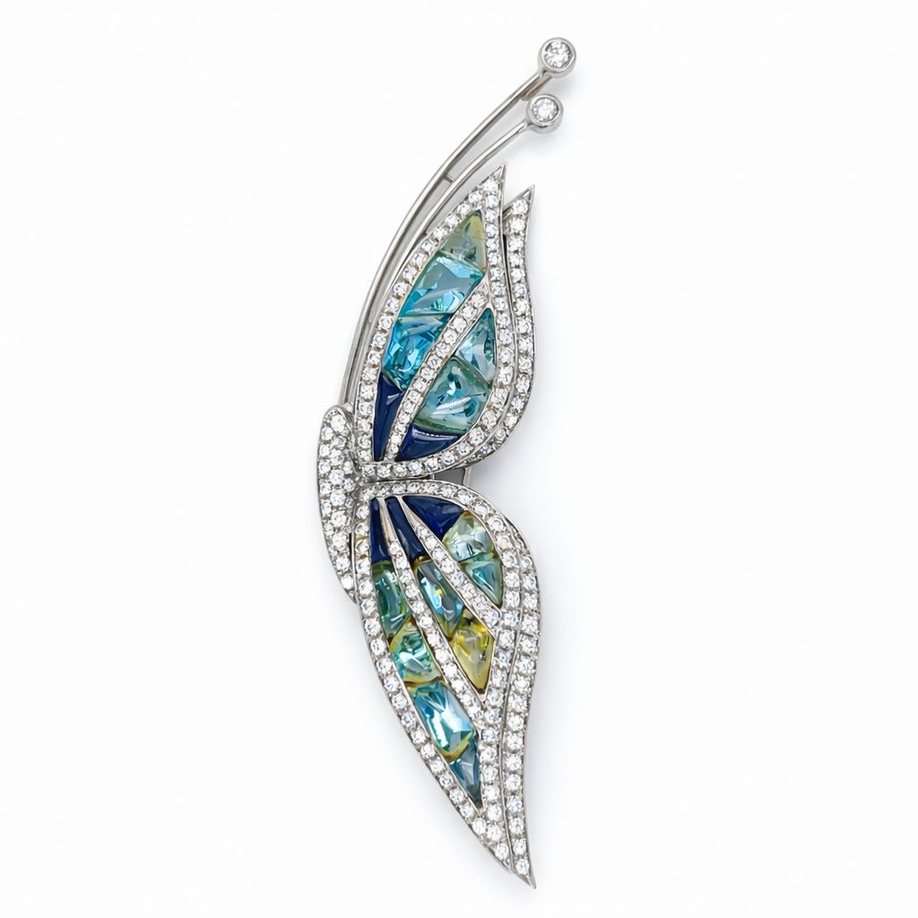 Garavelli Brooch/Pendant, 176 Round Brilliant Cut Diamondd 5.00cttw D-F VVS1-VS1,18 Amethyst, Aquamarine & Peridot Cabochon 20.00cttw, 18K White Gold 26.30g. All Weights Estimated.