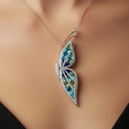 Garavelli Brooch/Pendant, 176 Round Brilliant Cut Diamondd 5.00cttw D-F VVS1-VS1,18 Amethyst, Aquamarine & Peridot Cabochon 20.00cttw, 18K White Gold 26.30g. All Weights Estimated.