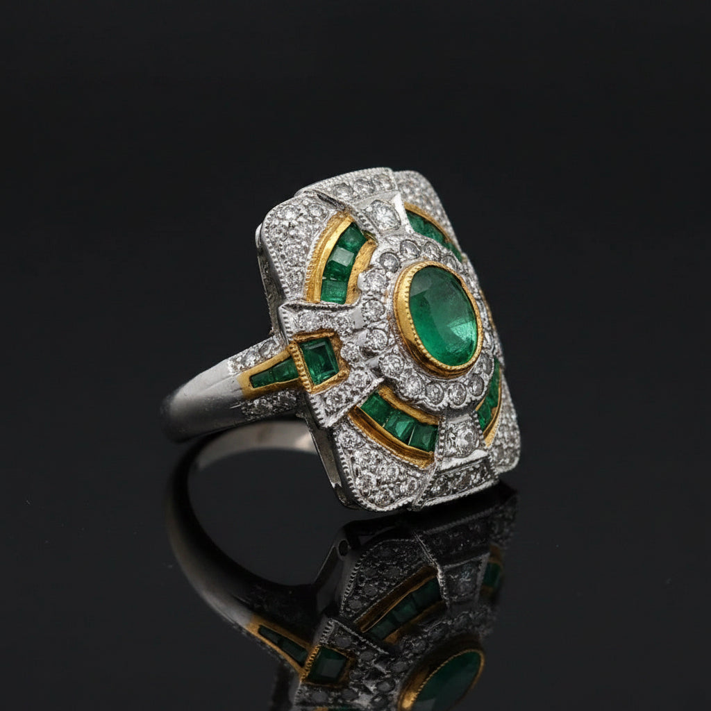 Vintage Ring RBC Diamond 0.71cttw  G/H Emerald  OVAL/PC 1.93cttw  18KT YG 9.80g ,All Weights Estimated