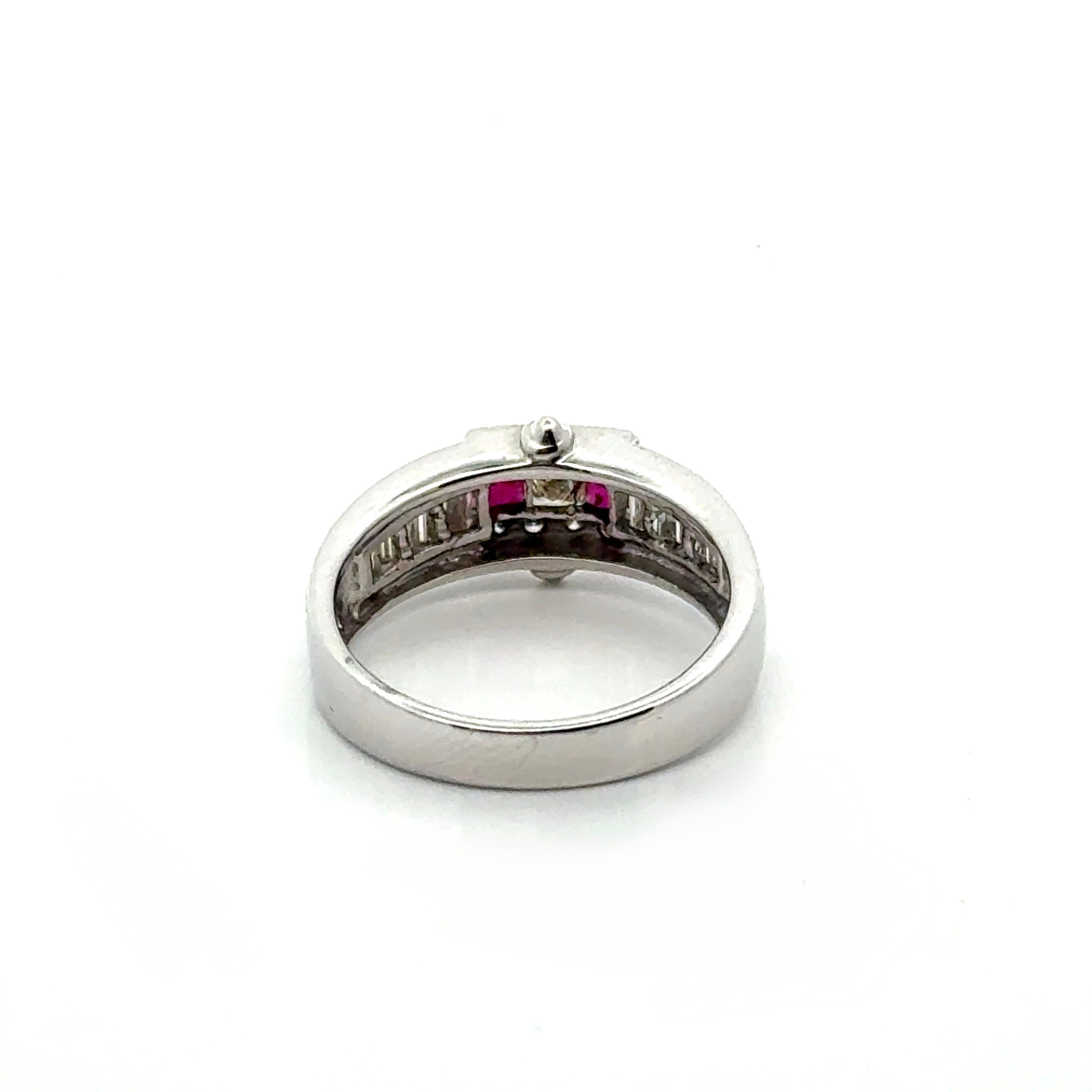 Vintage Ring TB/RBC Diamond 0.55cttw  G/H , 2 Ruby  PC 0.25cttw  PLATINUM W 6.00g ,All Weights Estimated