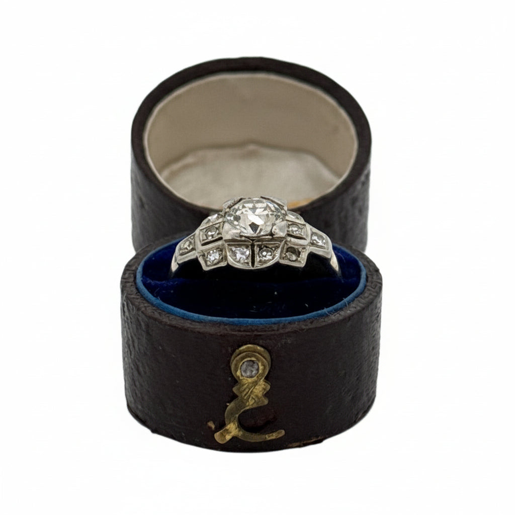 Estate Ring, 1 Old European Cut Diamond 0.85ct M SI1, 12 Single Cut Diamonds 0.12cttw H-I SI1-SI2, Platinum/14K Yellow Gold 2.40g, All Weights Estimated.
