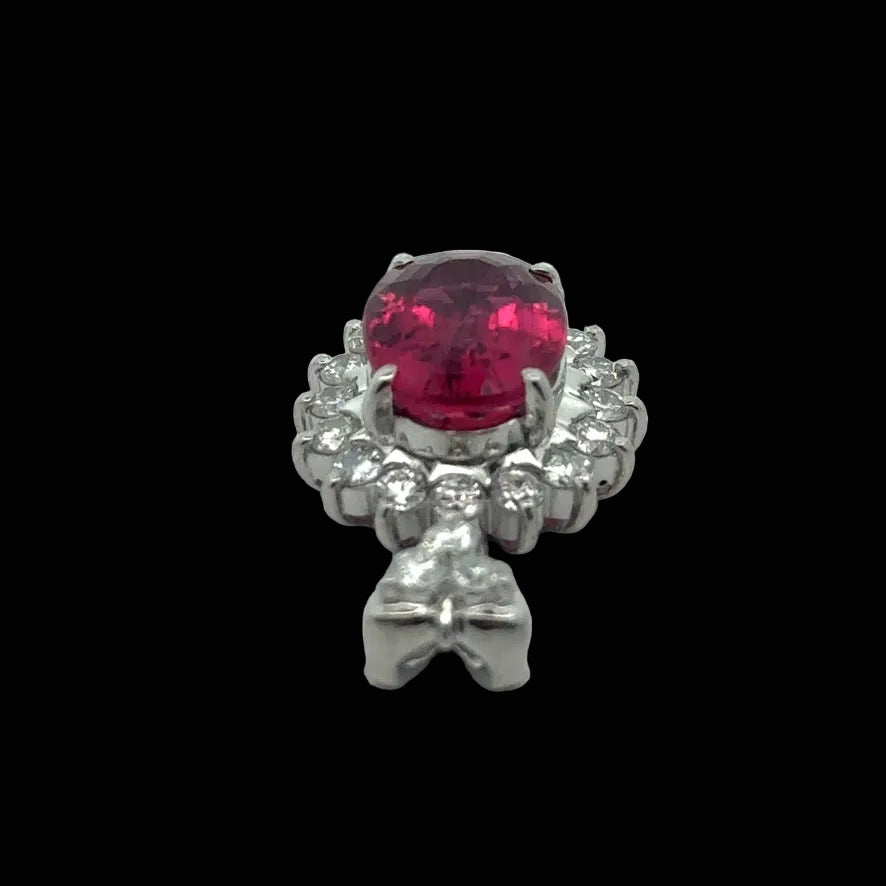 Estate Pendant, Round Brilliant Cut Diamond 0.50 cttw  G-H VS2-SI1,1 Rubellite Tourmaline Oval 3.23 ct  Pink to Red GIA #1232981055 Platinum 6.06g. All Weights Estimated.