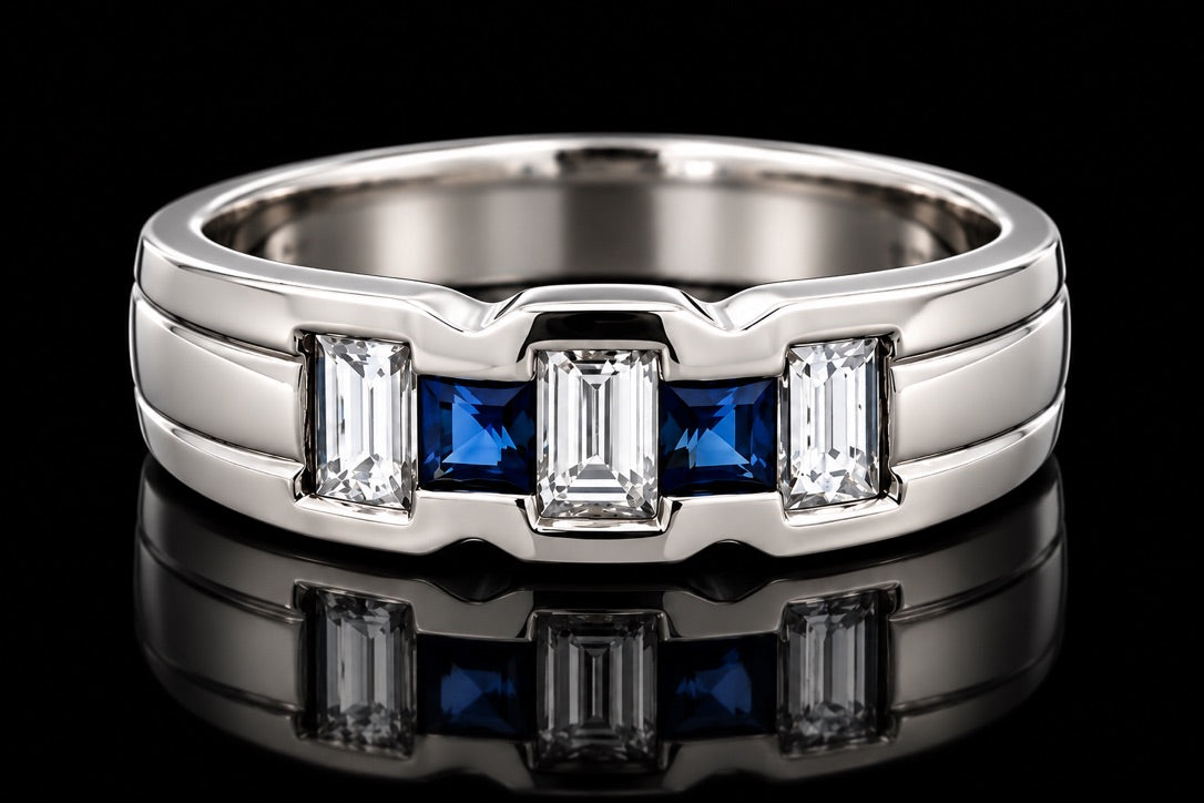 Estate Ring, 3 Emerald Cut Diamond 0.61 cttw  G-H VS1-SI1,2 Sapphire Princess Cut 0.31 cttw  18K/Palladium White Gold 7.53g. All Weights Estimated.