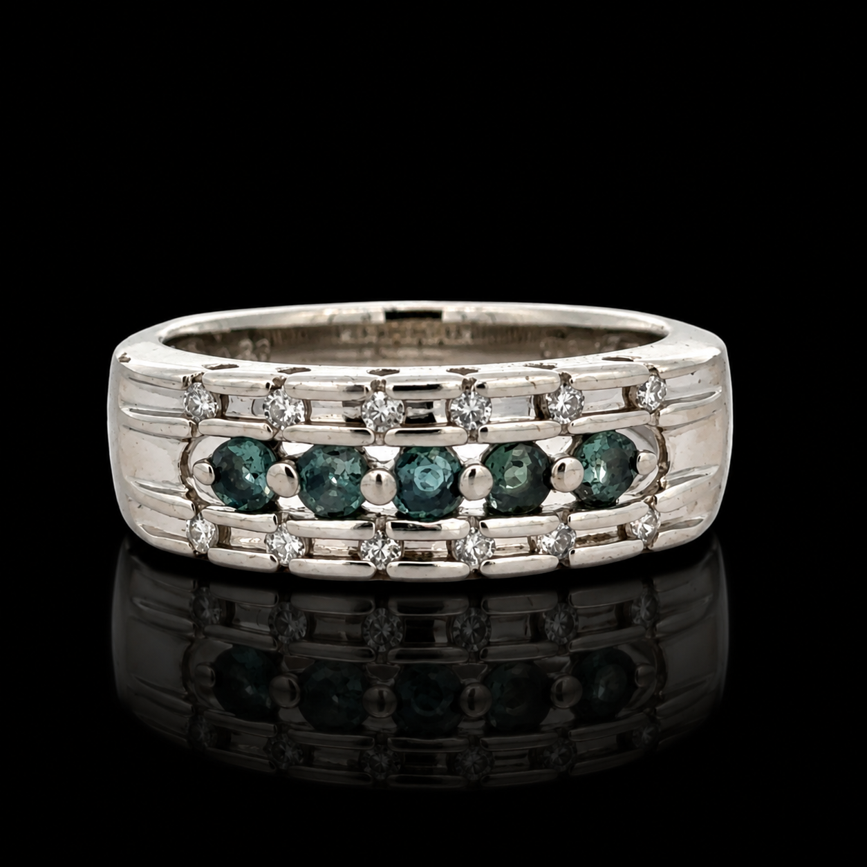 Estate Ring, Round Brilliant Cut Diamond 0.13 cttw  G-H SI1, Alexandrite Round 0.26 cttw  Color Change Blue/Green to Purple Platinum 6.16g. All Weights Estimated.