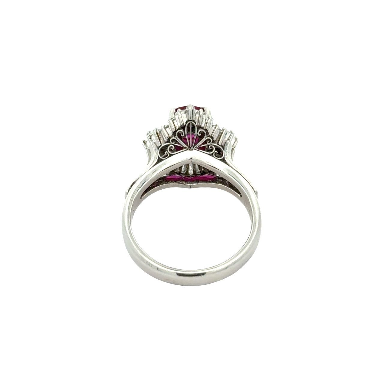 Estate Ring, 24 Mixed Cut Diamonds 0.70cttw H-I SI1-SI2, 1 Ruby Oval 0.95ct, Platinum 7.93g. All Weights Estimated.