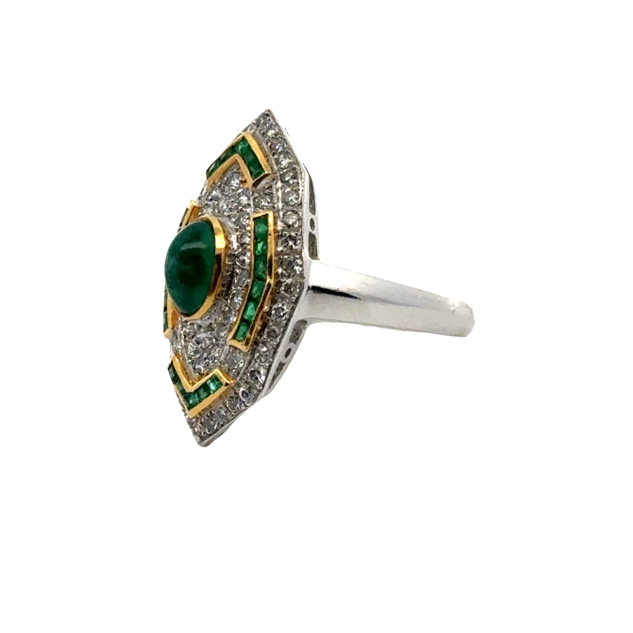 Vintage Ring RBC Diamond 0.75cttw  G/H Emerald  OVAL/PC 1.00cttw  18KT WG 6.10g ,All Weights Estimated