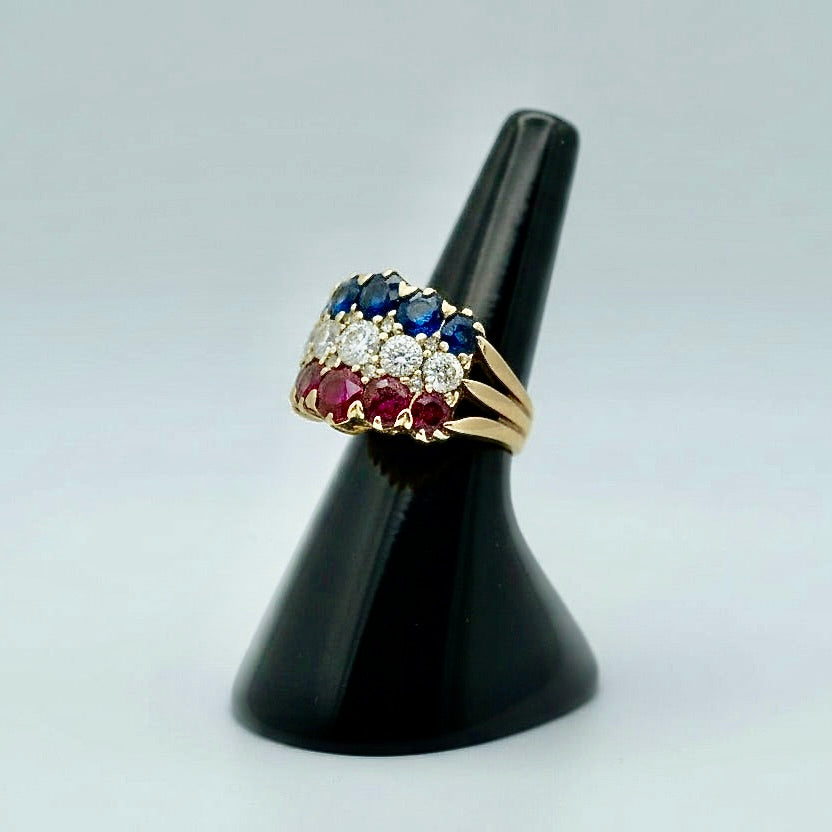 French Ring, 5 Old Mine Cut Diamonds 1.60cttw G-H VVS2-VS2, 8 Old Mine Cut Diamond 0.15cttw G-H VVS2-VS2, 5 Burma No Heat Ruby 1.50cttw, 5 Burma No Heat Sapphire 1.50cttw, 18K Yellow Gold 7.90g. All Weights Estimated.