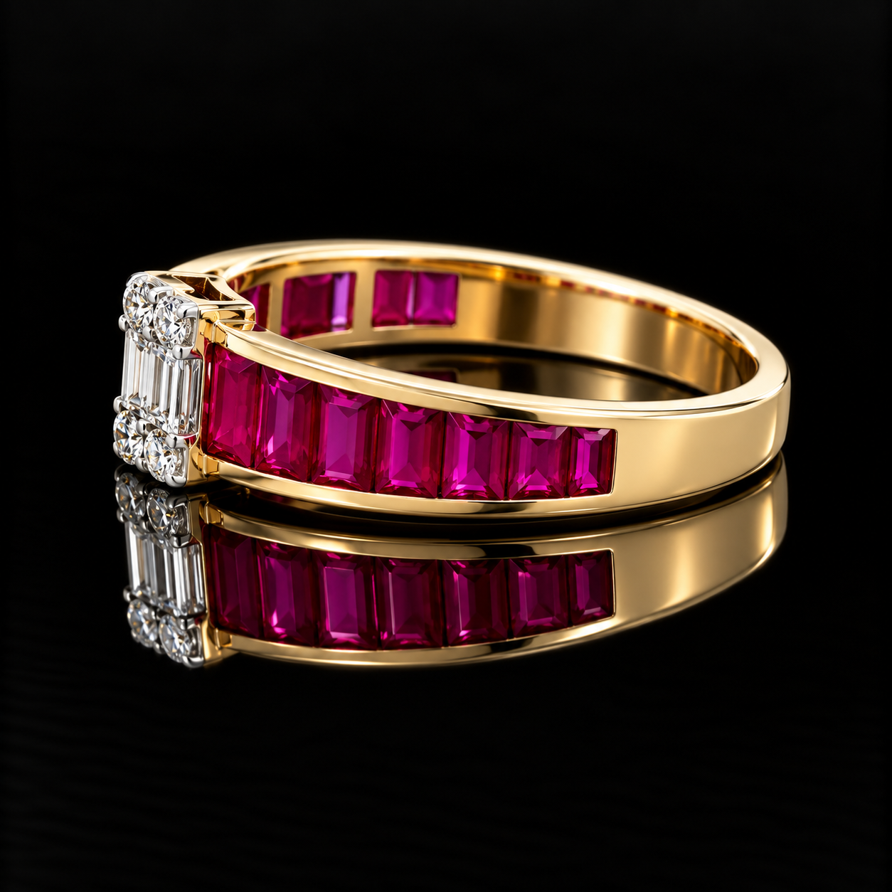 Estate Ring, Round/Baguette Cut Diamond 0.26 cttw  G-H VS1-SI1, Ruby French Cut 1.36 cttw  18K Yellow Gold 2.80g. All Weights Estimated.