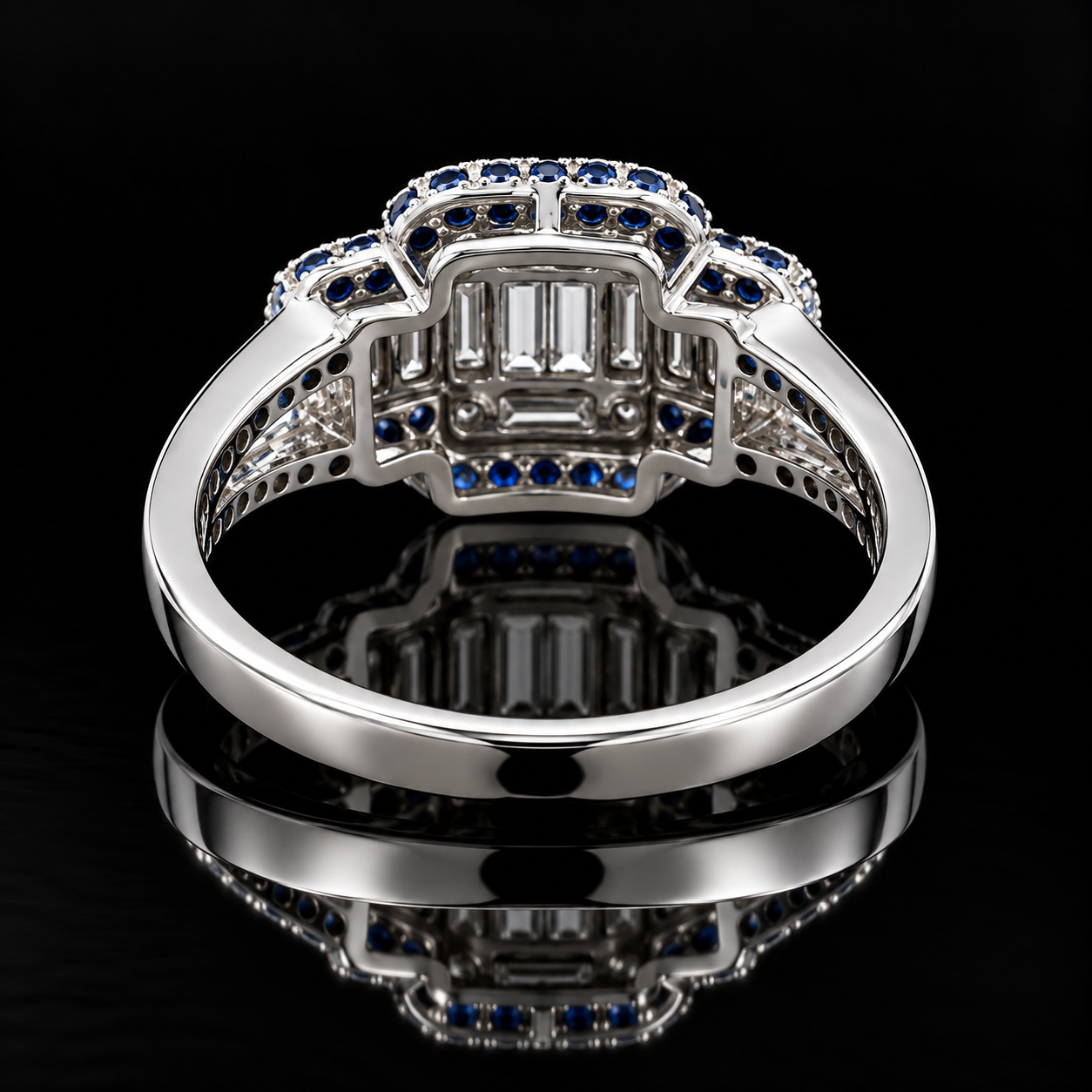 Estate Ring, 14 Mixed Cut Diamond 0.50 cttw  G-H VS1-SI1,64 Sapphire Round 0.82 cttw  18K White Gold 4.00g. All Weights Estimated.