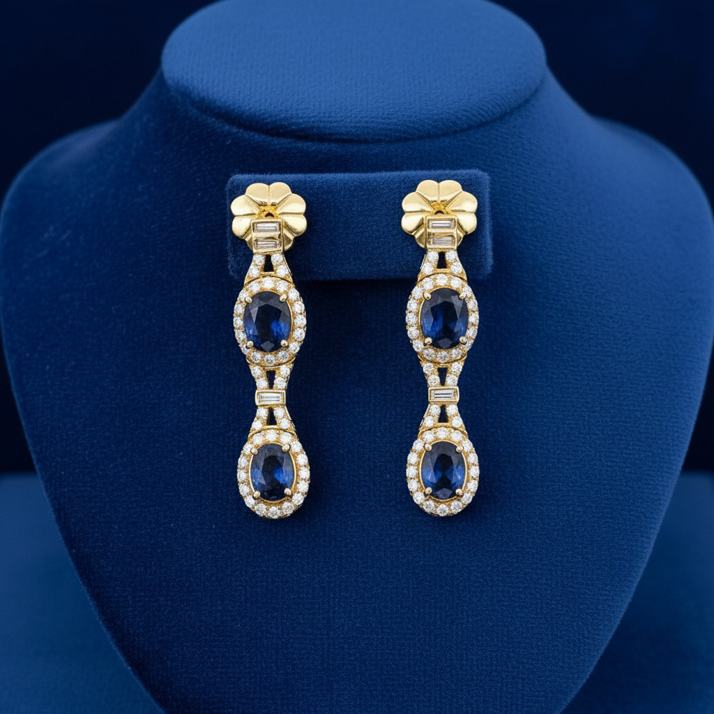 Beverley K Dangle Earrings, Round/Baguette Diamond 2.37 cttw, 4 Oval Sapphire 5.60 cttw, 14K Yellow Gold 9.32