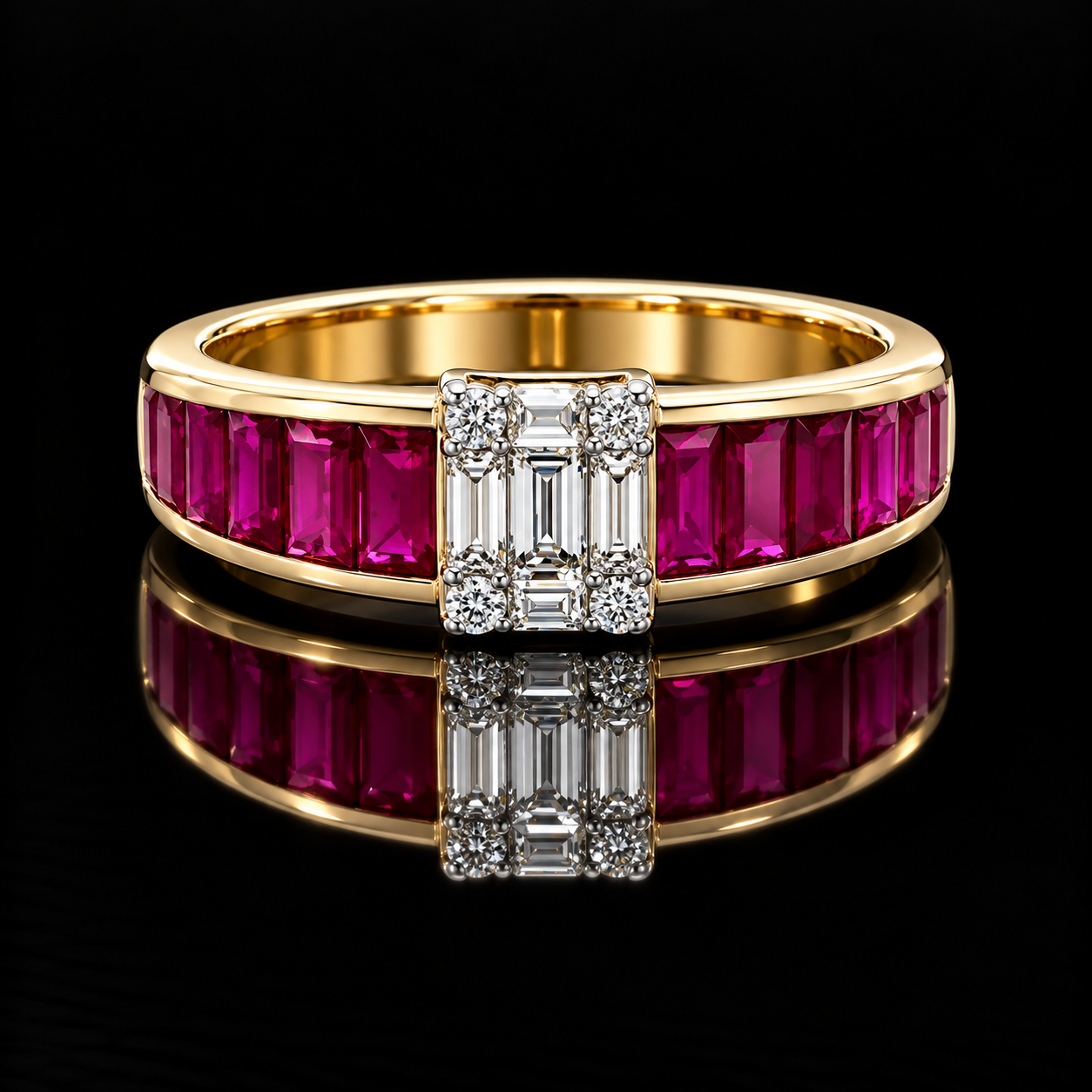 Estate Ring, Round/Baguette Cut Diamond 0.26 cttw  G-H VS1-SI1, Ruby French Cut 1.30 cttw  18K Yellow Gold 2.91g. All Weights Estimated.
