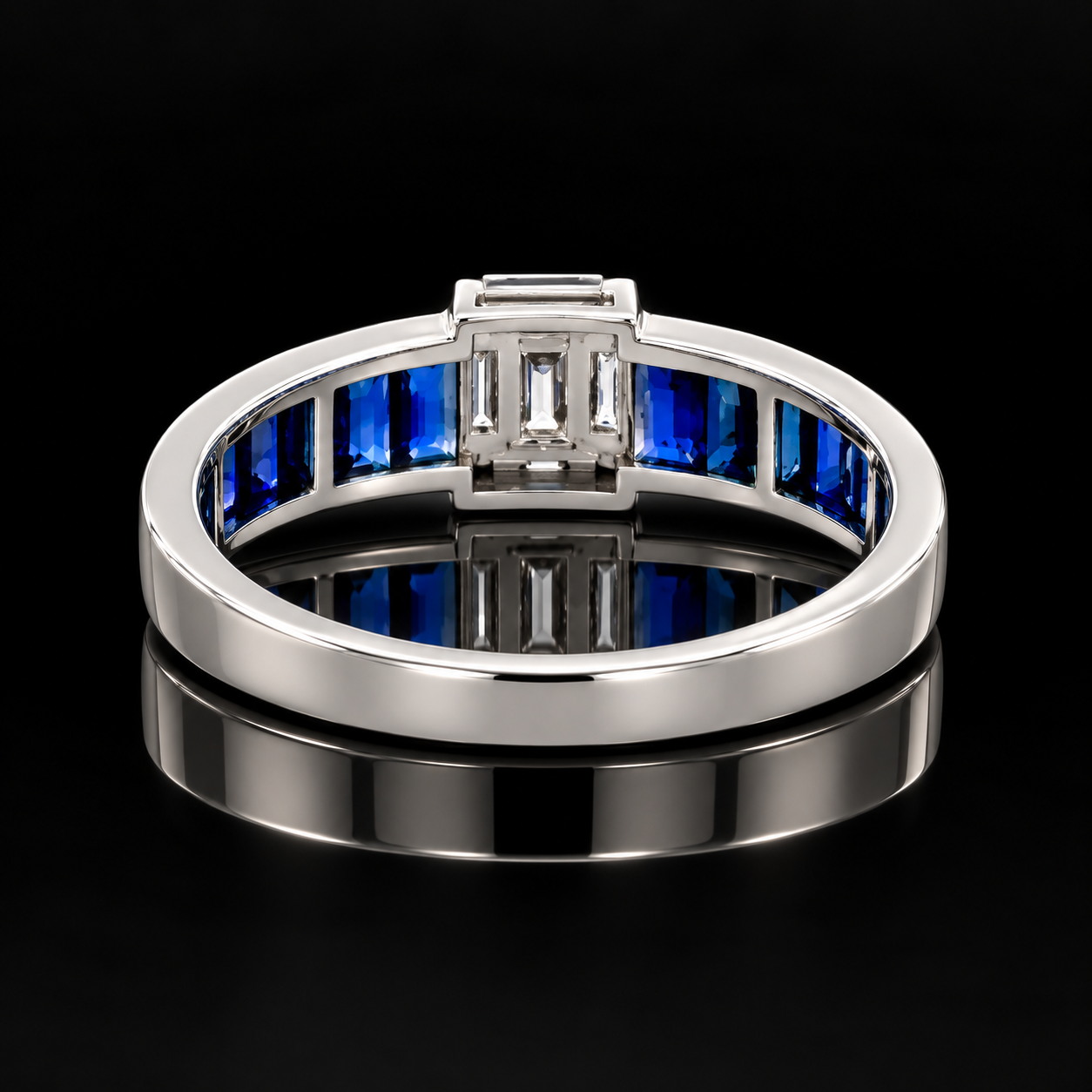 Estate Ring, Round/Baguette Cut Diamond 0.26 cttw  G-H VS1-SI1, Sapphire French Cut 1.55 cttw  18K White Gold 2.90g. All Weights Estimated.
