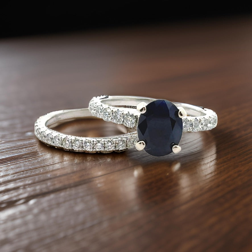 Maya Lianna Ring, 1 Oval Sapphire 1.97 ct, 38 Round Diamond 0.91 cttw  H-I SI1-SI2, 14K White Gold 4.19g