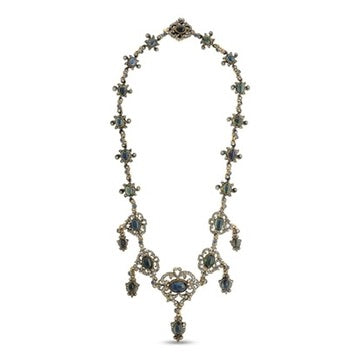 Harvey & Core Necklace, Rose Cut Diamond 2.00ct I-J I1, 40 Sapphires Cabochon 15.00cttw, 14K/Silver Yellow Gold 60.06g. All Weights Estimated.