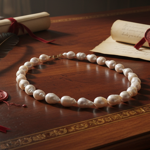 Estate Necklace, 2 Round Diamond 0.04cttw  G-H VS1-VS2, 25 11x 14 mm South Sea Pearl Baroque Cut White-Light Rose 14K Yellow Gold 2.67g