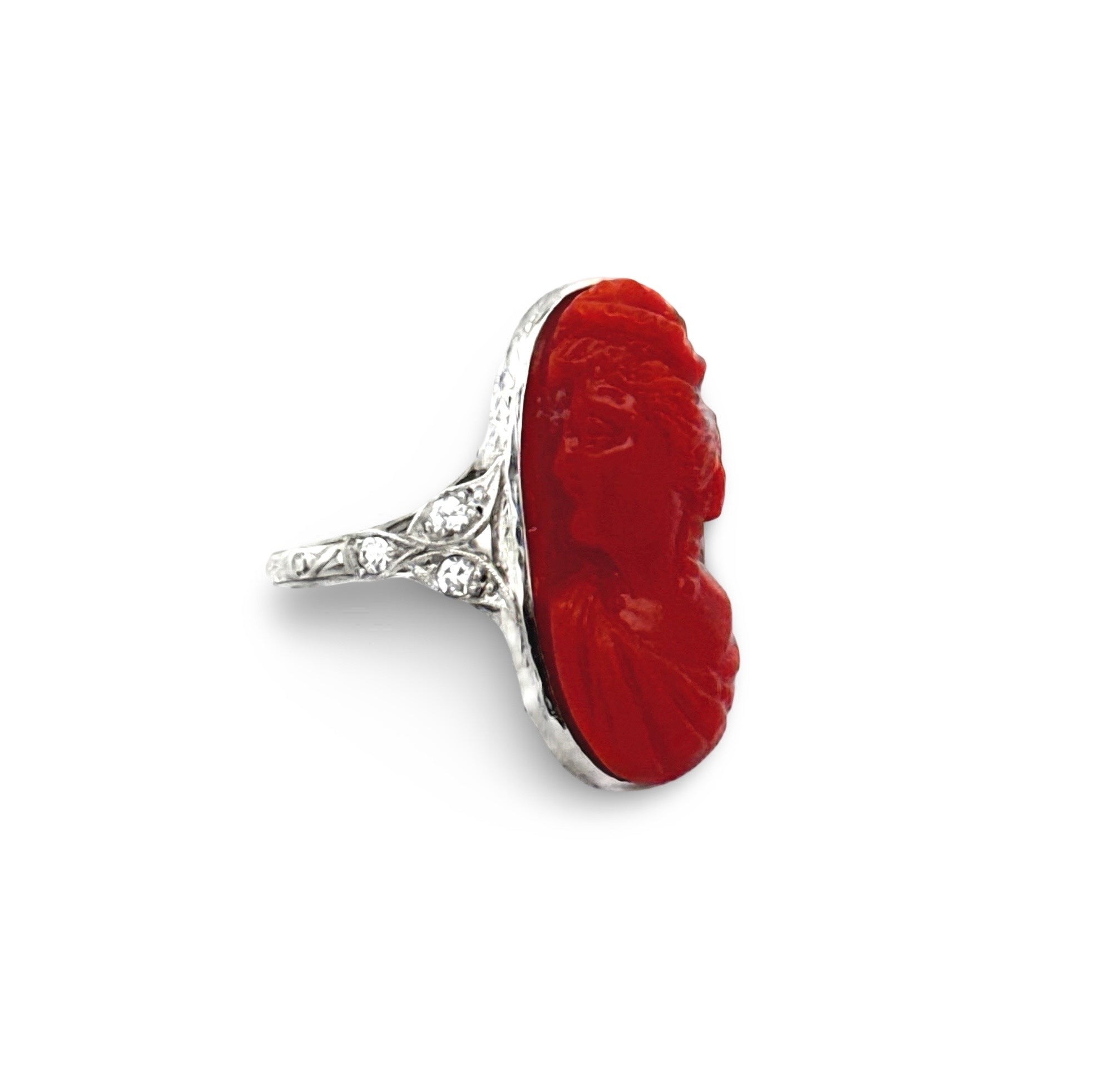 Art Deco Ring, 6 Single Cut Diamond 0.08cttw. (Weight Estimated) G-H VS2-SI1,1 Coral Freeform, Platinum 2.80g