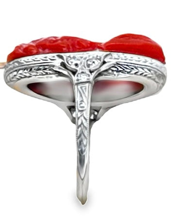 Art Deco Ring, 6 Single Cut Diamond 0.08cttw. (Weight Estimated) G-H VS2-SI1,1 Coral Freeform, Platinum 2.80g