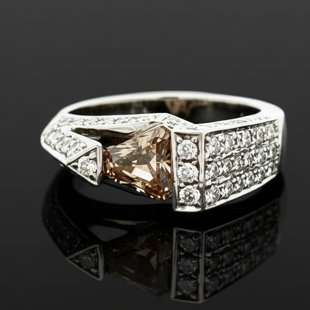 Estate Ring, 1 Trillion Cut Diamond 1.08 ct , Round Brilliant Cut Diamond 1.14 ct  G-H VS1-SI 18K White Gold 7.10g