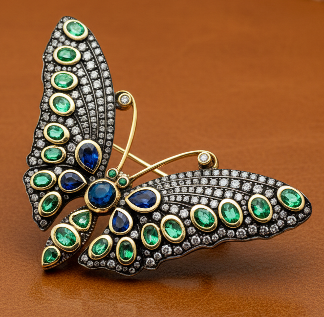 Estate Butterfly Brooch/Pendant, Round Brilliant Cut Diamond 2.95 cttw H-I SI1-SI2, 4 Sapphire Cabochon 4.14 cttw ,19 Emerald Mixed Cut 3.52 cttw  18K/Silver Yellow Gold