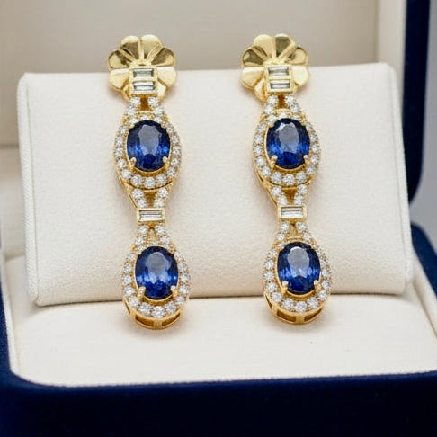 Beverley K Dangle Earrings, Round/Baguette Diamond 2.37 cttw, 4 Oval Sapphire 5.60 cttw, 14K Yellow Gold 9.32