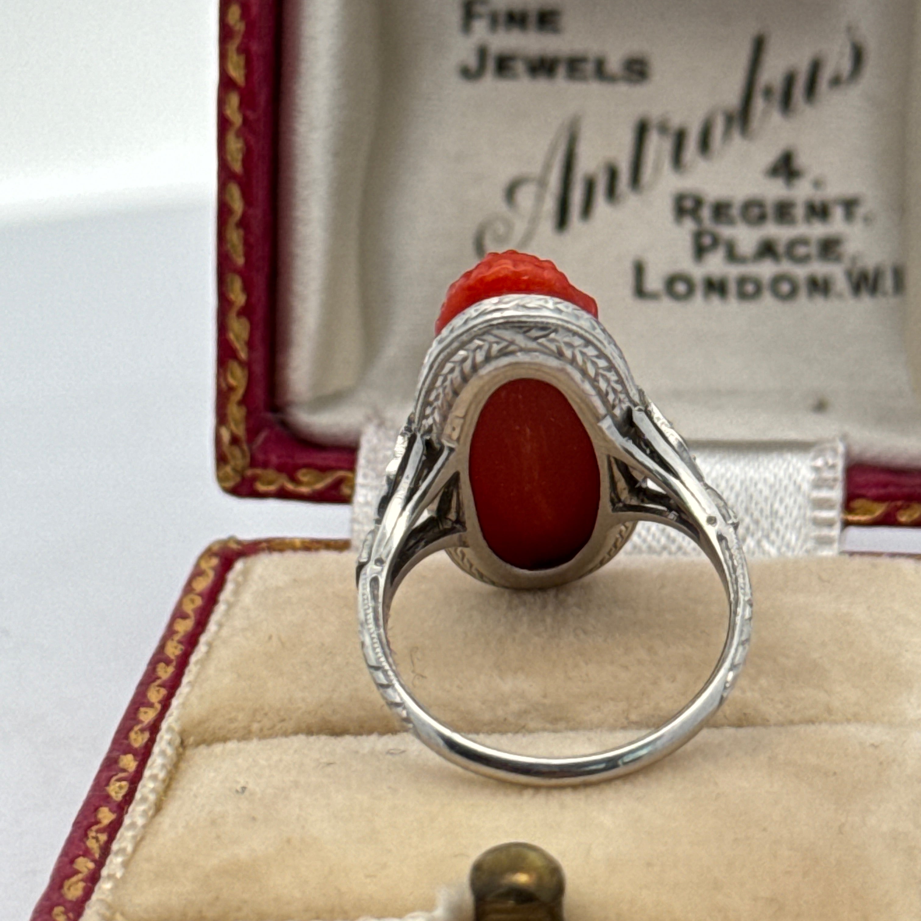 Art Deco Ring, 6 Single Cut Diamond 0.08cttw. (Weight Estimated) G-H VS2-SI1,1 Coral Freeform, Platinum 2.80g