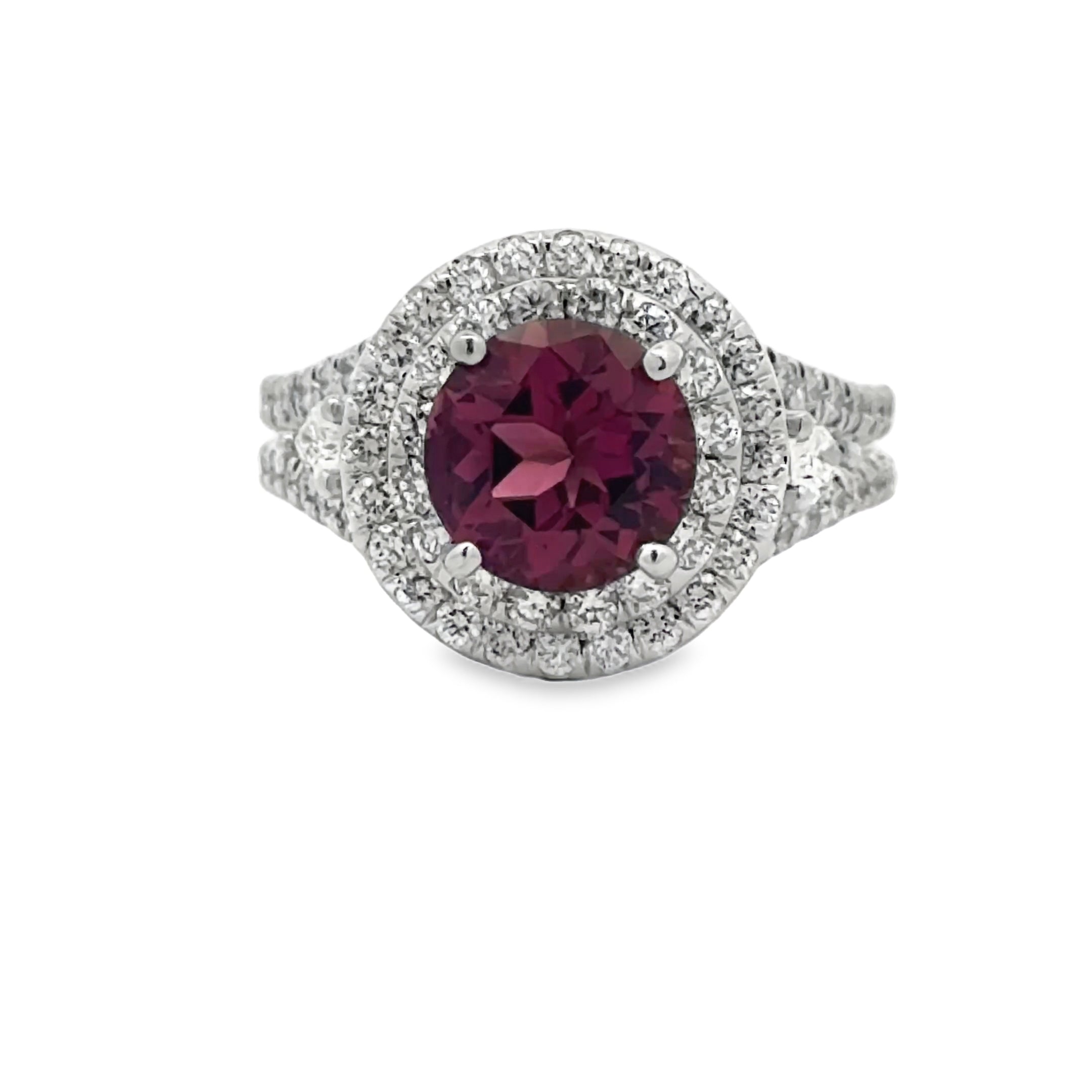 Estate Ring, 1 Round Tourmaline 2.03 ct, 2 Pear Shape Diamond G-H VS2 0.24 cttw, 110 Round Diamond G-H VS2 1.30 cttw, 18K White Gold 8.89g. Size 6.5