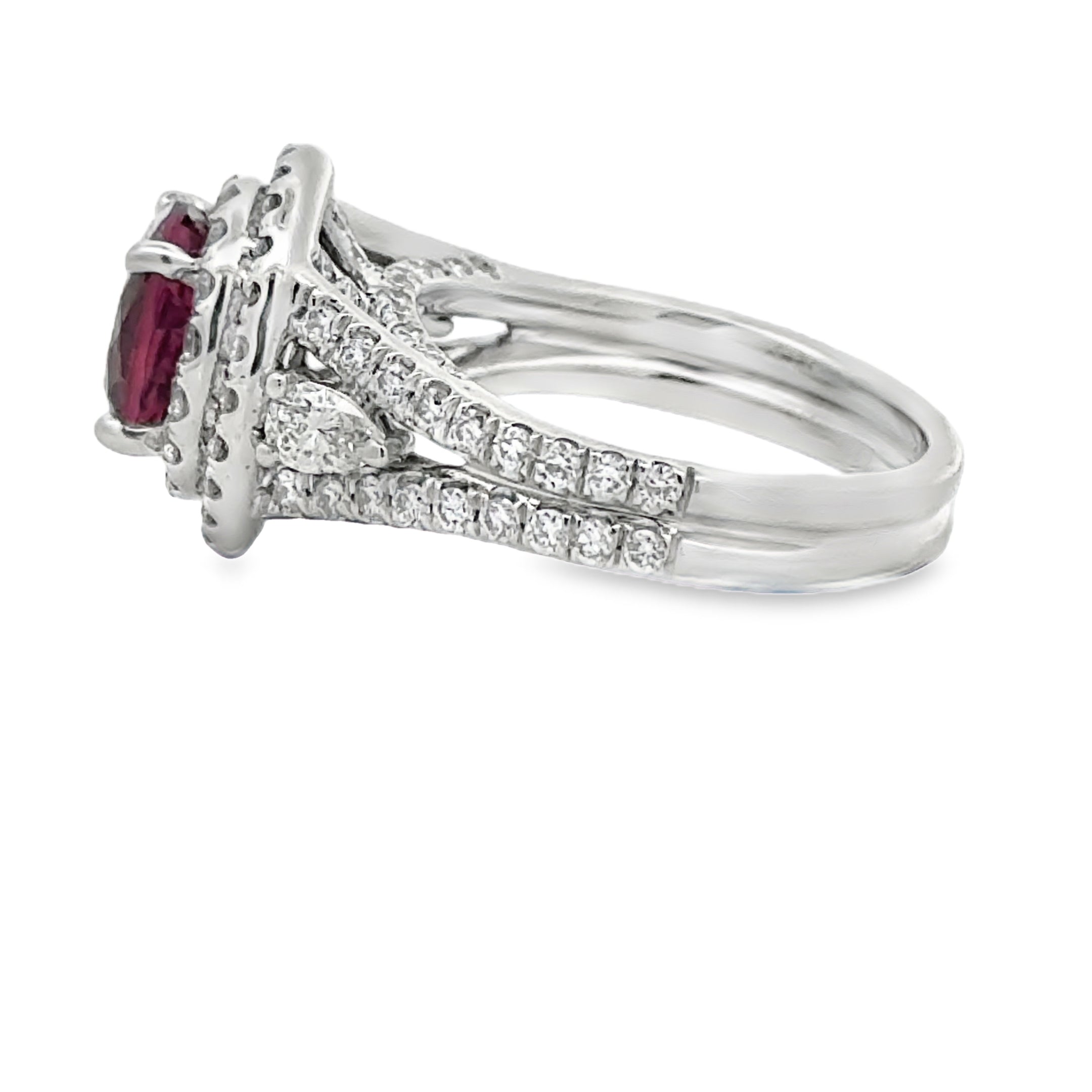 Estate Ring, 1 Round Tourmaline 2.03 ct, 2 Pear Shape Diamond G-H VS2 0.24 cttw, 110 Round Diamond G-H VS2 1.30 cttw, 18K White Gold 8.89g. Size 6.5