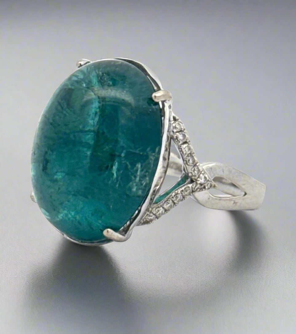 Estate Ring, Round Brilliant Cut Diamond 0.21 ct  H-I SI1,1 Tourmaline Cabochon 29.59 ct  18K White Gold 11.61g