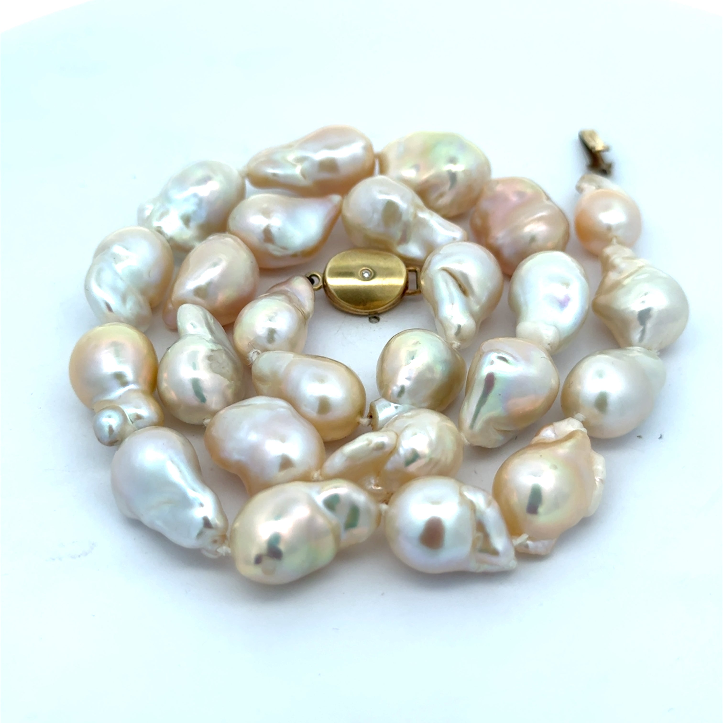 Estate Necklace, 2 Round Diamond 0.04cttw  G-H VS1-VS2, 25 11x 14 mm South Sea Pearl Baroque Cut White-Light Rose 14K Yellow Gold 2.67g