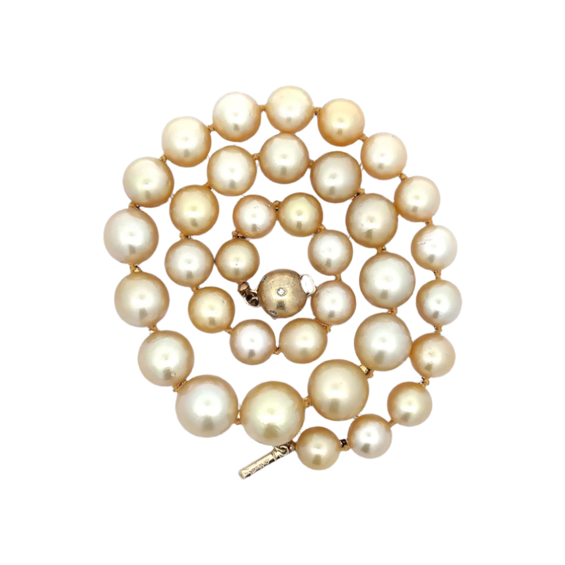 Estate Necklace, 7 Round Diamond 0.10cttw ,35 Golden South Sea Pearl 14K Yellow Gold 3.83g