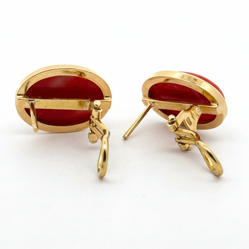 Italian Earrings, 2 Coral Cabochon 11.42cttw, 18K Yellow Gold 10.60g. All Weights Estimated.