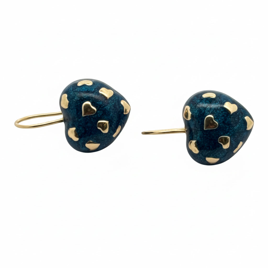 Italian-Valentini Earrings, Enamel Blue, 18K Yellow Gold 6.37g, All Weights Estimated.