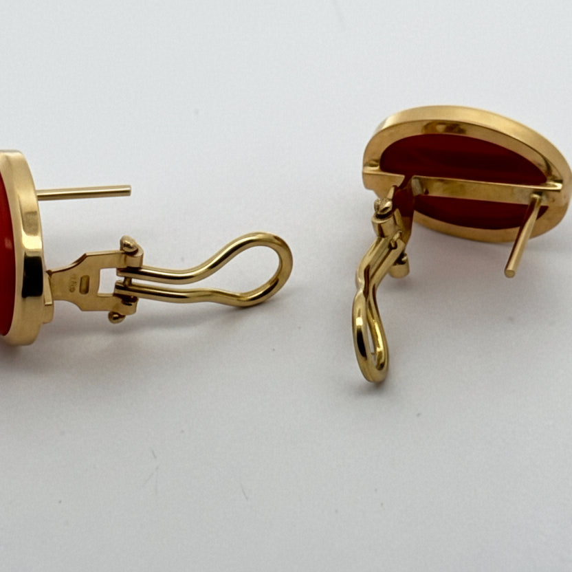 Italian Earrings, 2 Coral Cabochon 11.42cttw, 18K Yellow Gold 10.60g. All Weights Estimated.