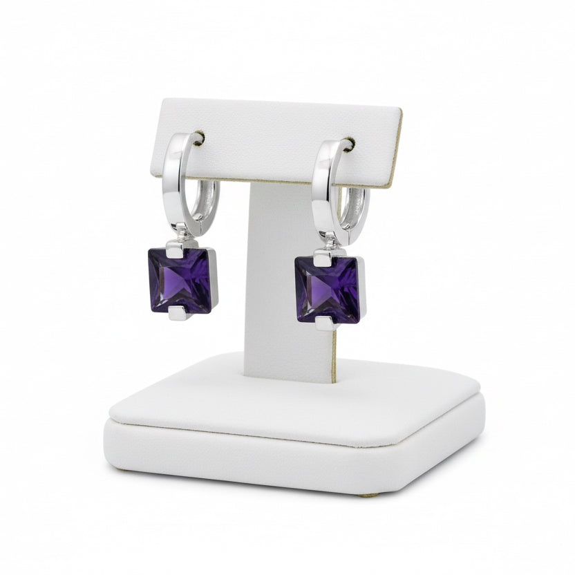 Italian Earrings, 2 Amethyst Princess Cut 3.80cttw, 18K White Gold 11.80g. All Weights Estimated.