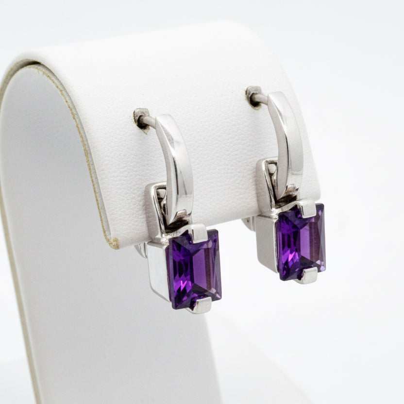 Italian Earrings, 2 Amethyst Princess Cut 3.80cttw, 18K White Gold 11.80g. All Weights Estimated.